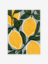 Yellow lemon botanical illustration art print with green leaves on blue-grey background