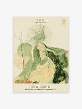 Leo zodiac illustration with green flowing figure, radiating halo, and LEO typography on pale background