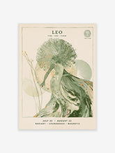 Leo zodiac poster with green celestial figure, radiating hair, lion crest, and July 23 to August 22 dates