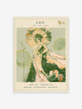Leo zodiac poster with a flowing figure, radiating headdress, and green lily pads