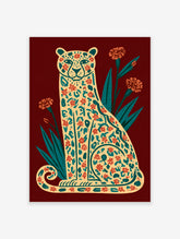 Stylised leopard with teal spots and red flowers sitting among carnations on a red background