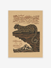 Illustrative leopard resting on a cliff with a mountain and sun in earthy brown and beige tones