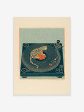 Illustrative print of a spotted leopard sitting on a red vinyl record on a deep teal turntable
