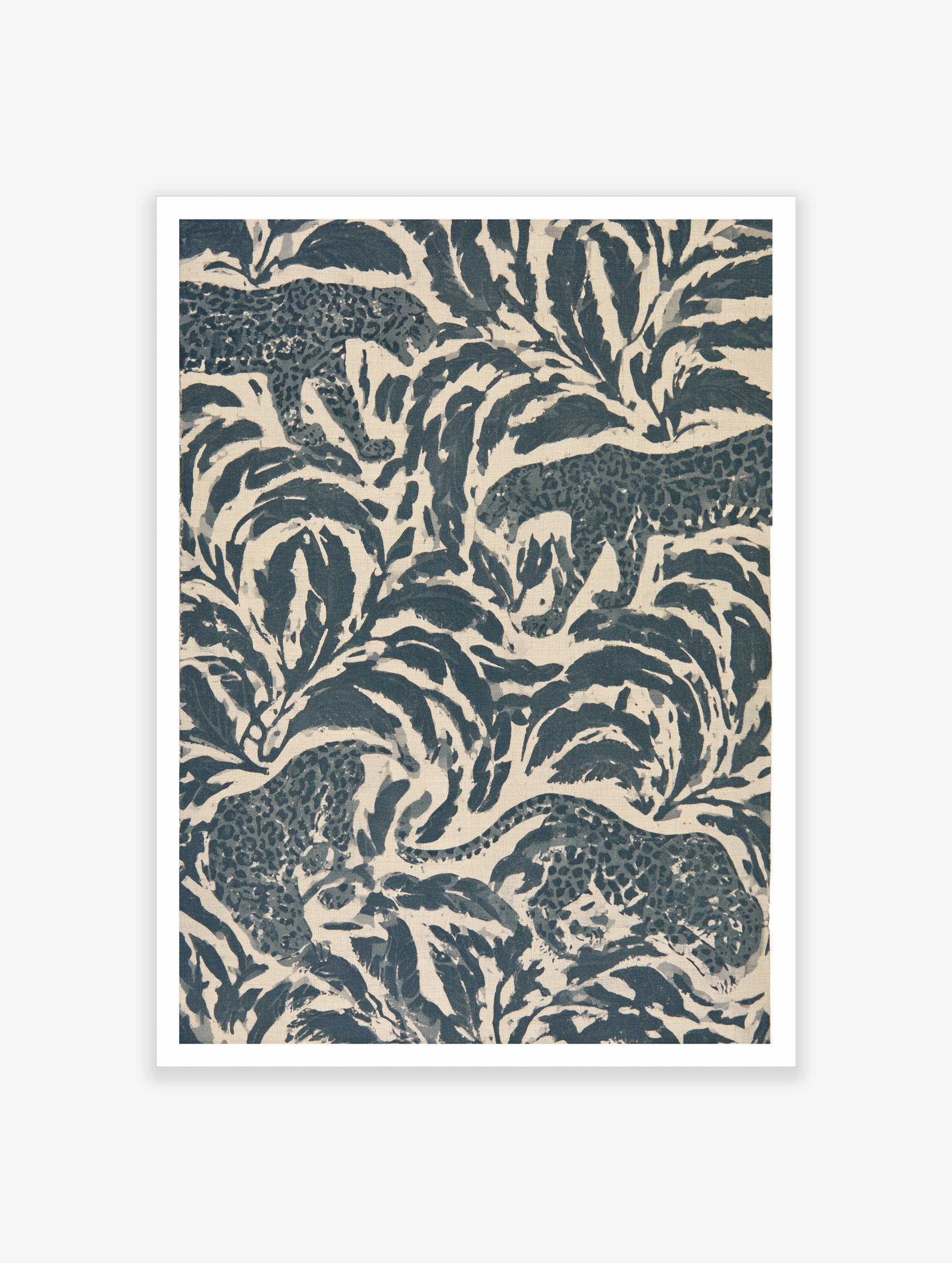 Stylised leopard pattern wall art featuring navy blue jungle foliage and big cats on a cream background