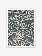 Stylised leopard pattern wall art featuring navy blue jungle foliage and big cats on a cream background