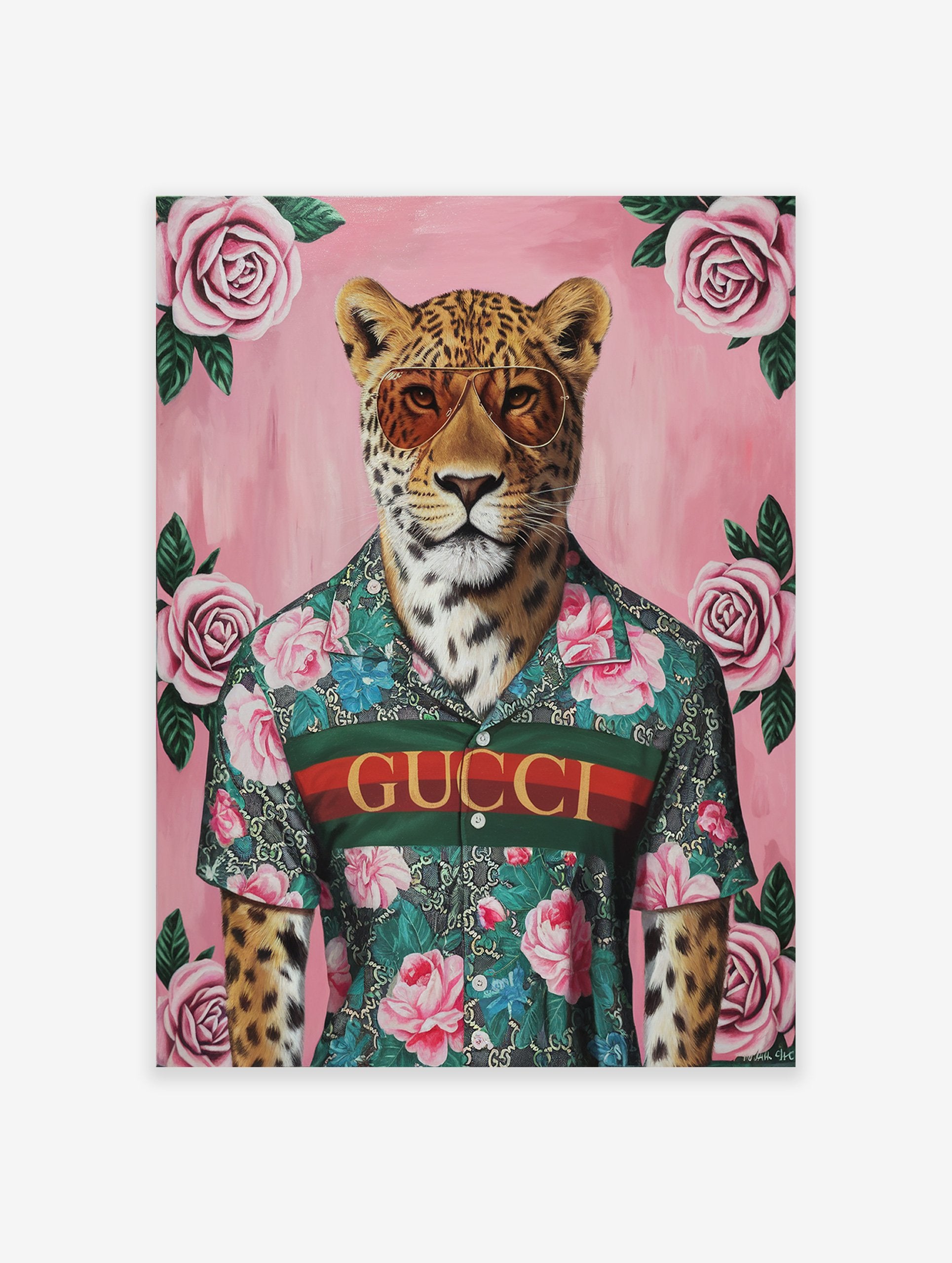Fashionable leopard poster wearing aviator sunglasses and a floral Gucci shirt on a pink background with pink roses.