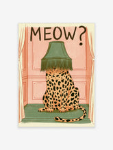 Illustration of a spotted leopard sitting with a green fringed lampshade on its head and MEOW? text above