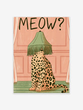 Leopard wearing a green fringed lampshade with MEOW? text on pink background art print