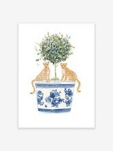 Illustration of two leopards sitting on a blue and white Chinoiserie planter with a green botanical tree, leopard wall art.