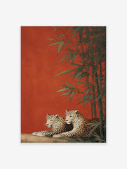 Illustration of two leopards resting among green bamboo branches against a textured red background. Leopard wall art print.