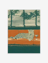 Illustrated leopard lounging on an orange couch with a martini glass, dark green background and window blinds.