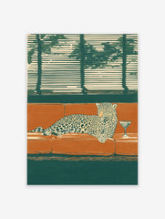 Illustrated leopard lounging on an orange couch with a martini glass, dark green background and window blinds.