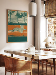 Illustrated leopard lounging on an orange couch with a martini glass, dark green background and window blinds. - Image 3