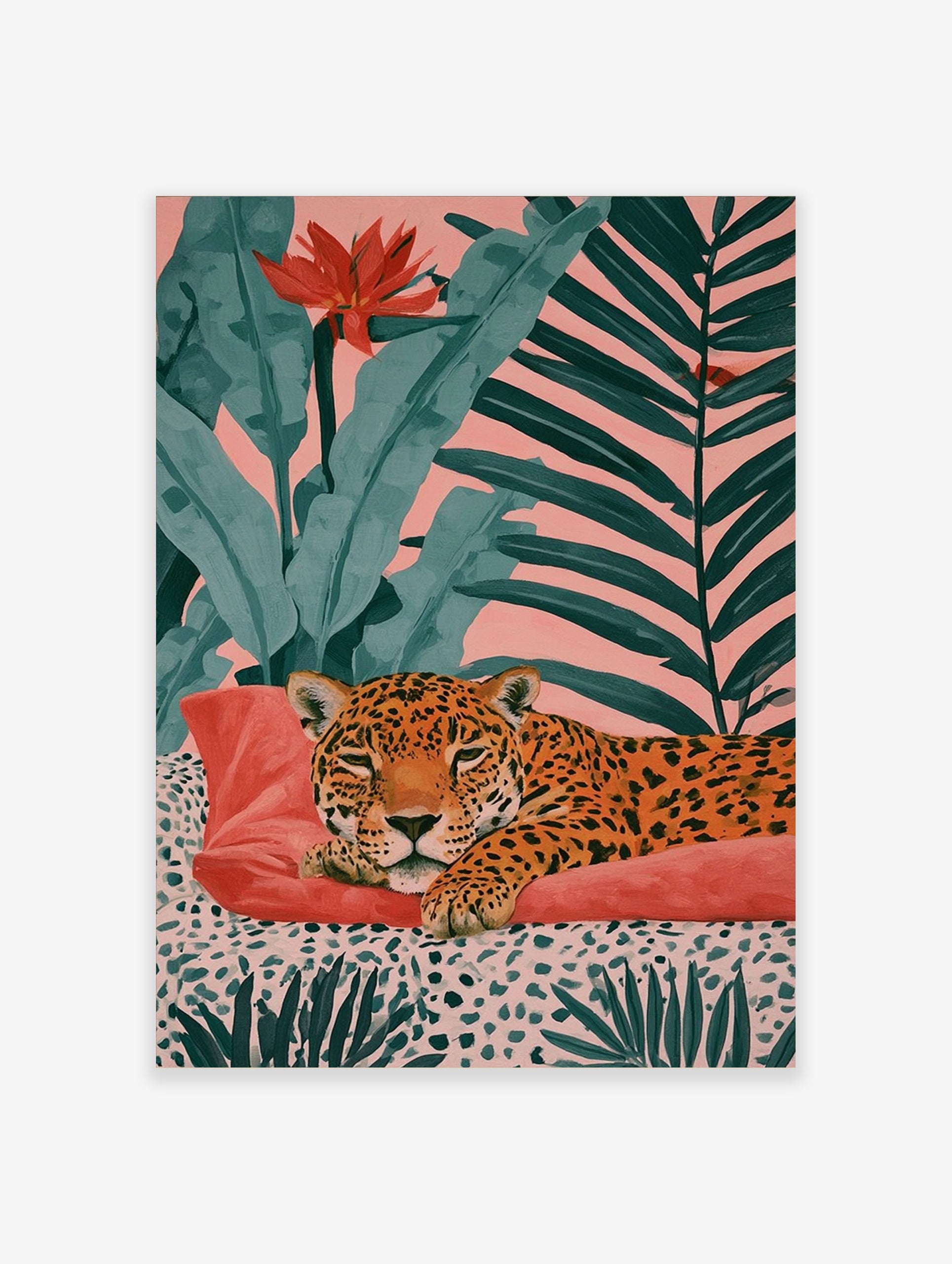 Leopard resting on a red cushion with tropical foliage and a pink background art print