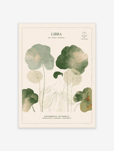 Libra zodiac poster with line-drawn woman and green lotus leaves, astrology text and scales symbol