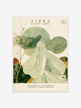 Libra zodiac poster with robed figure, green celestial circles, and astrology text