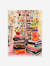 A vibrant watercolor library bookshelf poster with stacks of colorful books, potted plants, and a cozy interior scene.