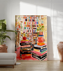 A vibrant watercolor library bookshelf poster with stacks of colorful books, potted plants, and a cozy interior scene. - Image 3