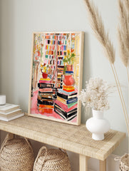 A vibrant watercolor library bookshelf poster with stacks of colorful books, potted plants, and a cozy interior scene. - Image 4