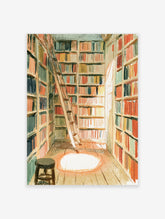 Illustrated library interior with tall bookshelves, wooden ladder, and stool in a sunlit reading nook