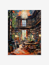 Vibrant library poster showing a grand room filled with bookshelves, a reading table, chairs, and warm lighting.