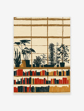 Illustrative library wall art print with potted plants, books, and window grid in earth tones.