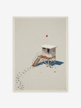Lifeguard Hut Poster featuring a white hut with a red flag on a beige beach with footprints and shadows.