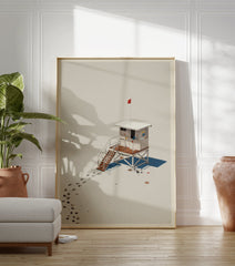 Lifeguard Hut Poster featuring a white hut with a red flag on a beige beach with footprints and shadows. - Image 3