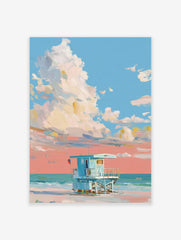 Painterly art print of a light blue lifeguard hut on a beach under a sky with large white and peach clouds