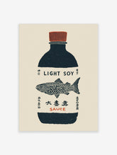Illustrative print of a dark blue soy sauce bottle with a red cap and detailed fish on a beige background