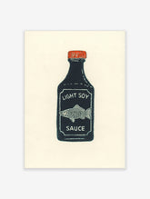 Illustrative print of a dark blue soy sauce bottle with a red cap, white 'LIGHT SOY SAUCE' text, and a fish