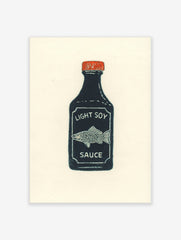 Illustrative print of a dark blue soy sauce bottle with a red cap, white 'LIGHT SOY SAUCE' text, and a fish