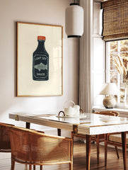 Illustrative print of a dark blue soy sauce bottle with a red cap, white 'LIGHT SOY SAUCE' text, in a styled room mockup