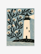 Lighthouse and pink blossom art print with black leaves on a blue-grey background
