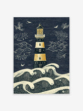 Illustrative lighthouse and crashing waves art print in navy blue, golden yellow, and beige with seagulls