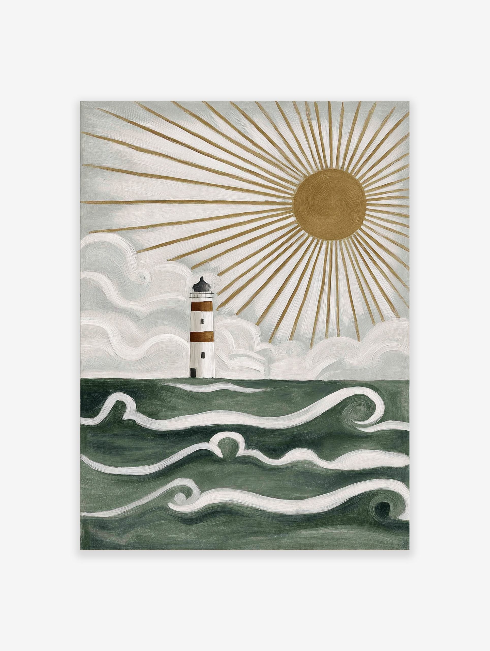 Illustrative lighthouse wall art with white and brown stripes, green ocean waves, and golden sunburst