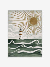 Illustrative lighthouse wall art with white and brown stripes, green ocean waves, and golden sunburst