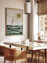 Illustrative lighthouse wall art with white and brown stripes, green ocean waves, and golden, in a styled room mockup