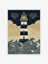 Illustrative lighthouse wall art with navy and white stripes, golden clouds, and crashing waves