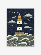 Illustrative lighthouse art print with navy and cream stripes, golden details, and crashing ocean waves