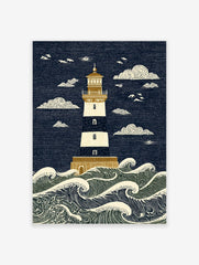 Illustrative lighthouse art print with navy and cream stripes, golden details, and crashing ocean waves