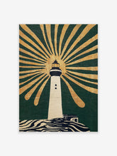 Illustrative white lighthouse with black details on a dark green background with radiating golden rays and striped base
