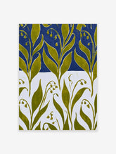 Lily of the valley botanical art print with green leaves and white bells on blue and white background