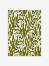Lily of the valley botanical pattern with blue bell flowers and green leaves on cream background