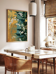 Lily of the Valley floral illustration with gold leaf accents and Japanese-style calligraphy on a, in a styled room mockup