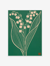 Lily of the valley botanical art print with cream bell flowers and green leaves on deep green background