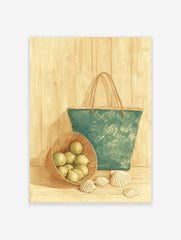Still life illustration of green limes in a basket, a teal woven bag, and seashells on a wooden table