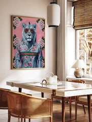 Modern lion poster wearing sunglasses and a Gucci-style floral shirt on a pink background with roses. - Image 2