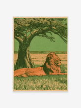 Illustrative art print of a lion resting under a tree in a green and orange savannah landscape