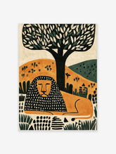 Modern illustrative lion wall art print with a black and orange patterned mane resting under a stylised tree